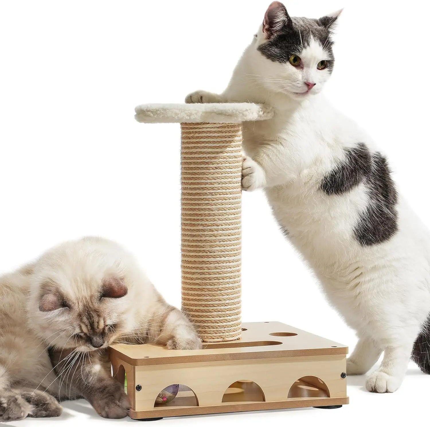 

MEWOOFUN Interactive Wooden Cat Toy Puzzle Box with Sisal Scratching Post with 16 Holes and 3 Bell Balls Funny Cat Toy