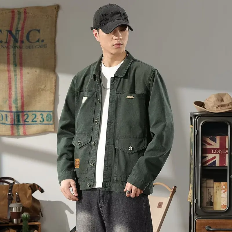 

Приталенный повседневный джинсовый джинсовый джинт для мужчин, новинка 2025, рабочая одежда с отложным воротником, пальто с несколькими кетами, винтажный тренд