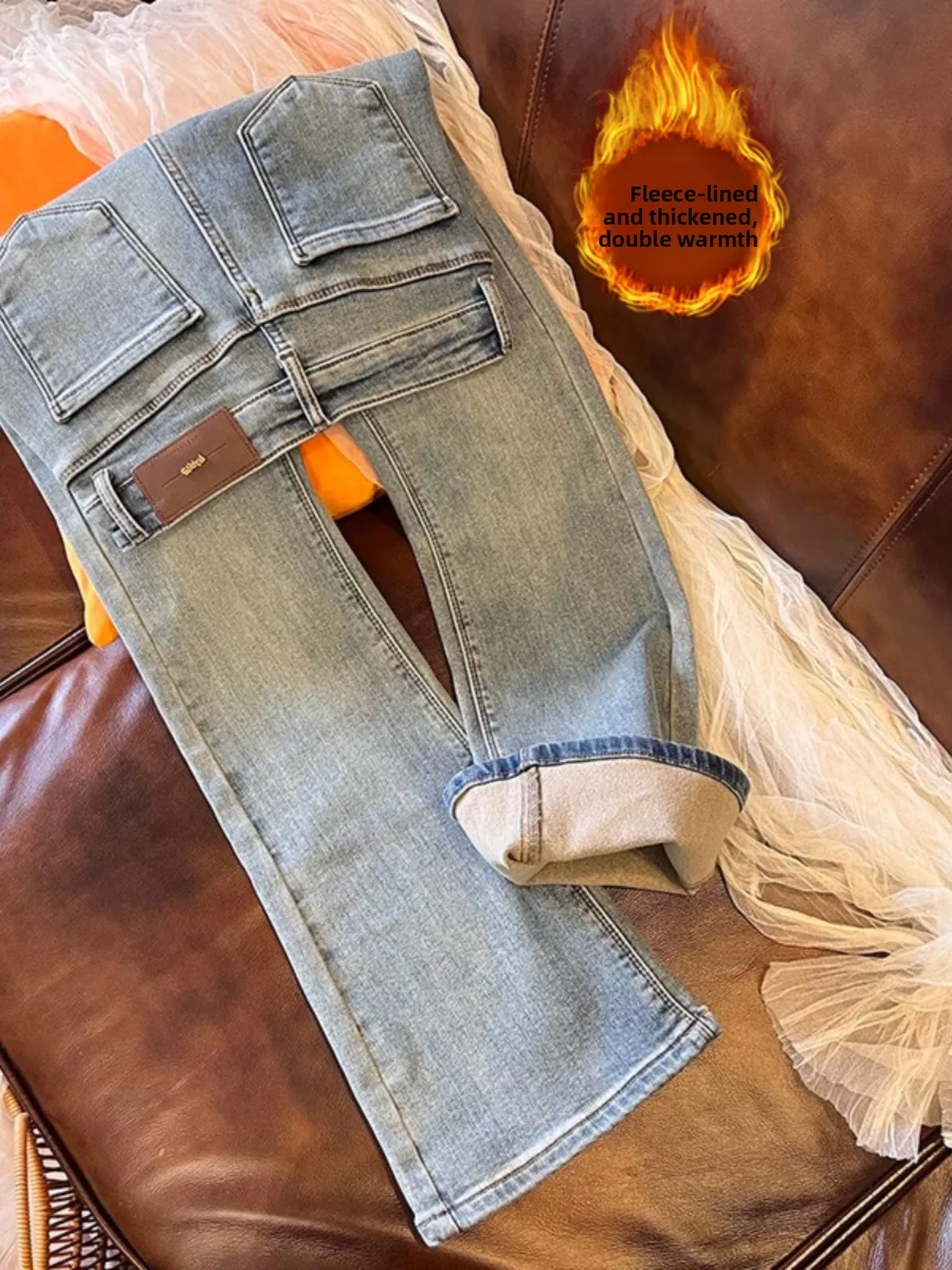 

Slimming Fleece Lined Bell Bottom Jeans for Women Light Blue High Waist Long Pants Commute Style Winter Thickened Denim Skinnies