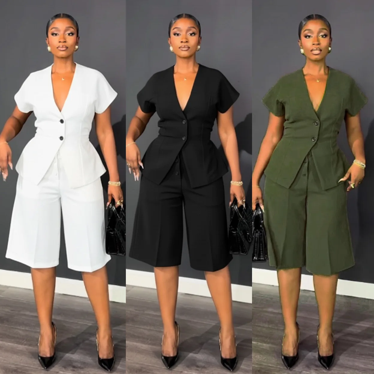 

Two Pieces Women Pant Sets Solid Matching Sets Button V Neck Short Sleeves Coat Empire Waist Knee Length Pants Loose 2026 Autumn