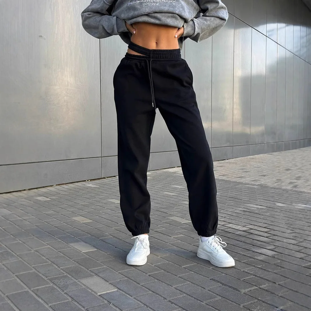 미국 레트로 스타일 아웃도어 더블 허리 디자인 캐주얼 팬츠 여성용 신상 솔리드 컬러 하이웨이스트 롱 스웨트팬츠