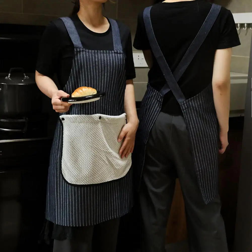 Stripe Apron with Hand Towel Bib Apron Stripe Stain-resistant Kitchen Apron with Pocket Removable Hand Towel Cross-back for Men