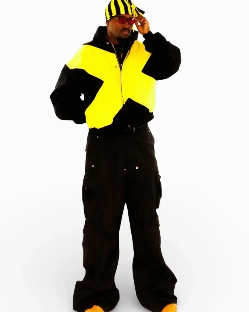 Harajuku Yellow Patch Y2k Bomber Jacket Contrast Color Hip Hop Oversized Zipper Hoodie Hip Hop Retro Casual Couple Sweatshirt - view 5