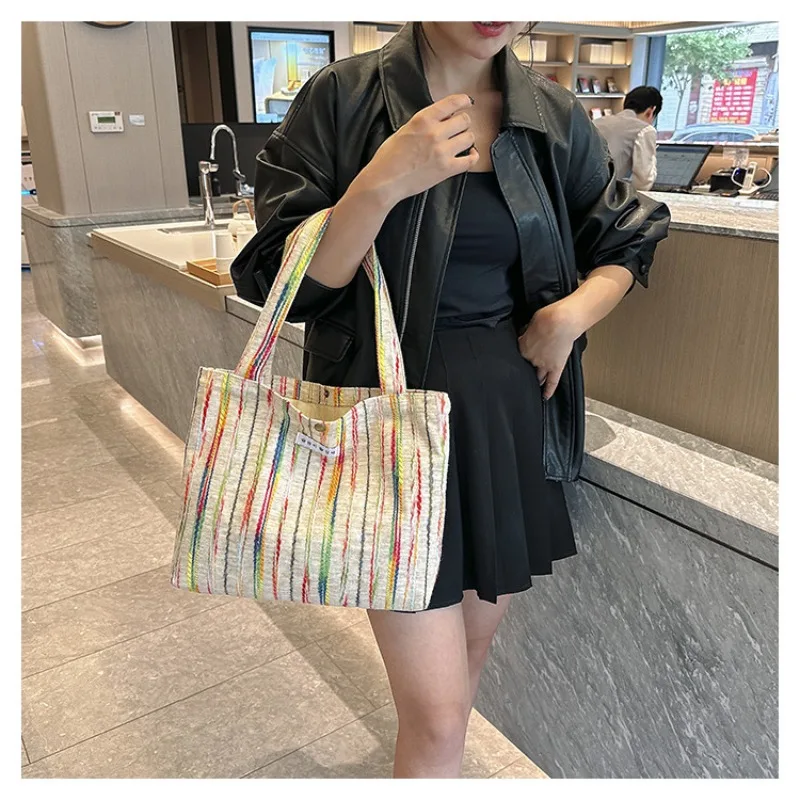 

ins rainbow striped canvas bag heavy embroidery shoulder bag large capacity niche tote bag commuting