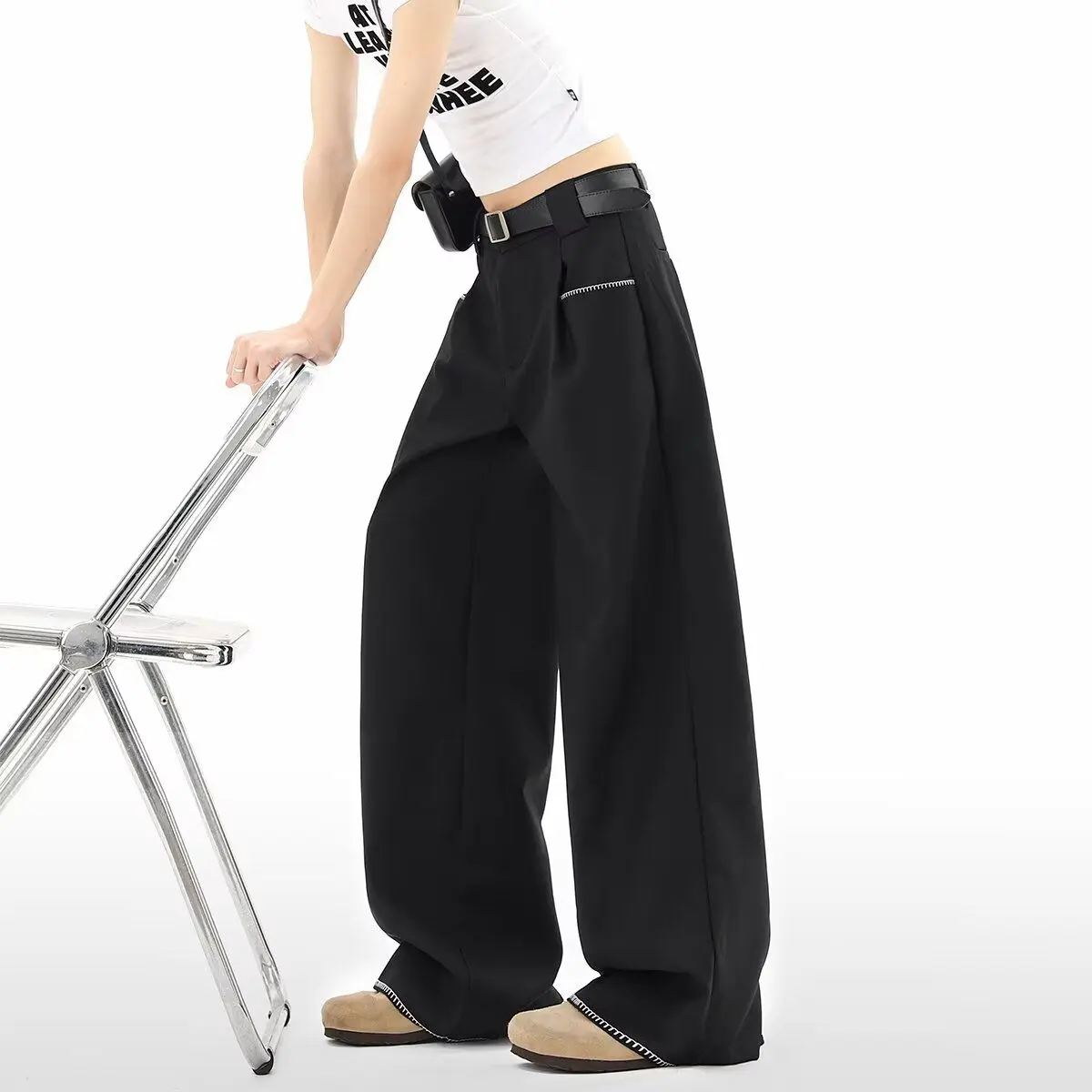 

Американские прямые брюки-плиссе унисекс, повседневные, с эффектом похудения, широкие, удлиненные, микро-клеш, Cleanfit