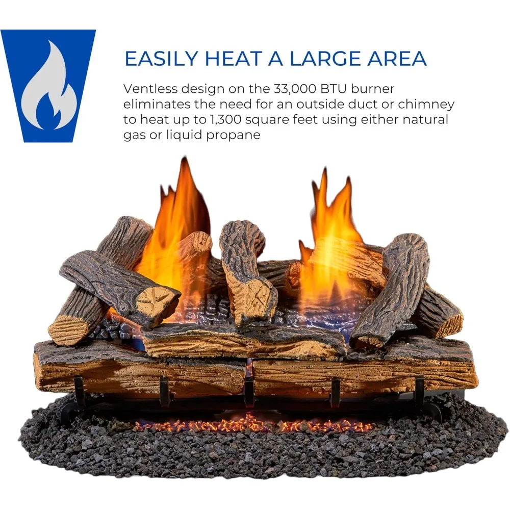 DLS-24R-1 Dual Fuel Ventless Fireplace Logs Set with Remote Control, Use with Natural Gas or Liquid Propane, 33000 BTU,24 Inches