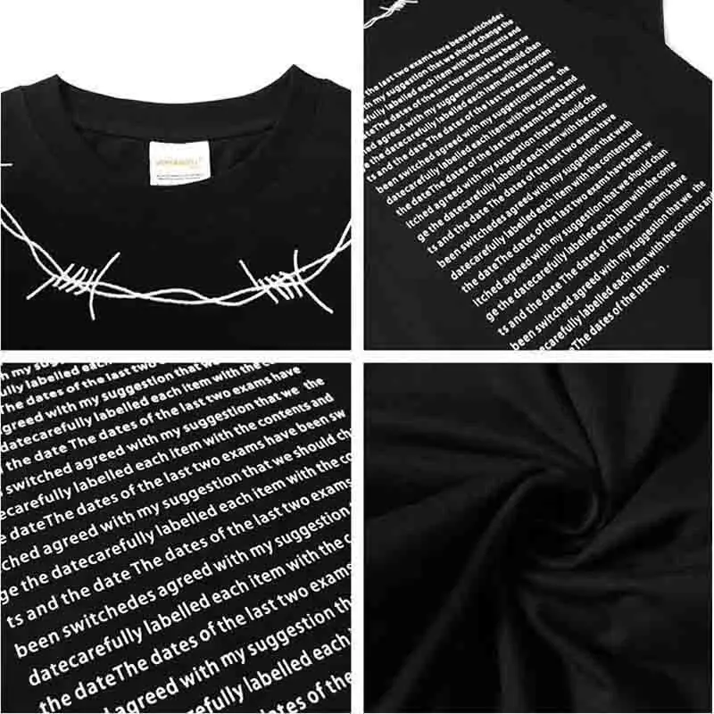 Summer Cotton Thorns Embroidery Letter Short Sleeve O Neck Men T Shirts Loose Hip Hop Punk 2xl Oversized Streetwear Black White