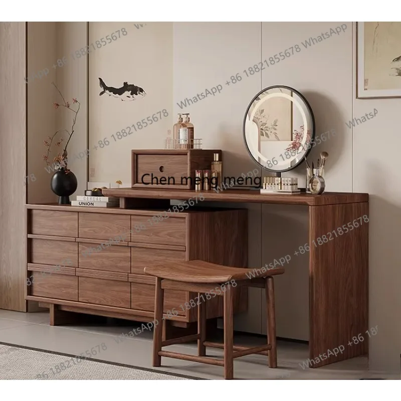 

Black walnut solid wood dresser chest cabinet integrated, light luxury storage cabinet with makeup mirror makeup table