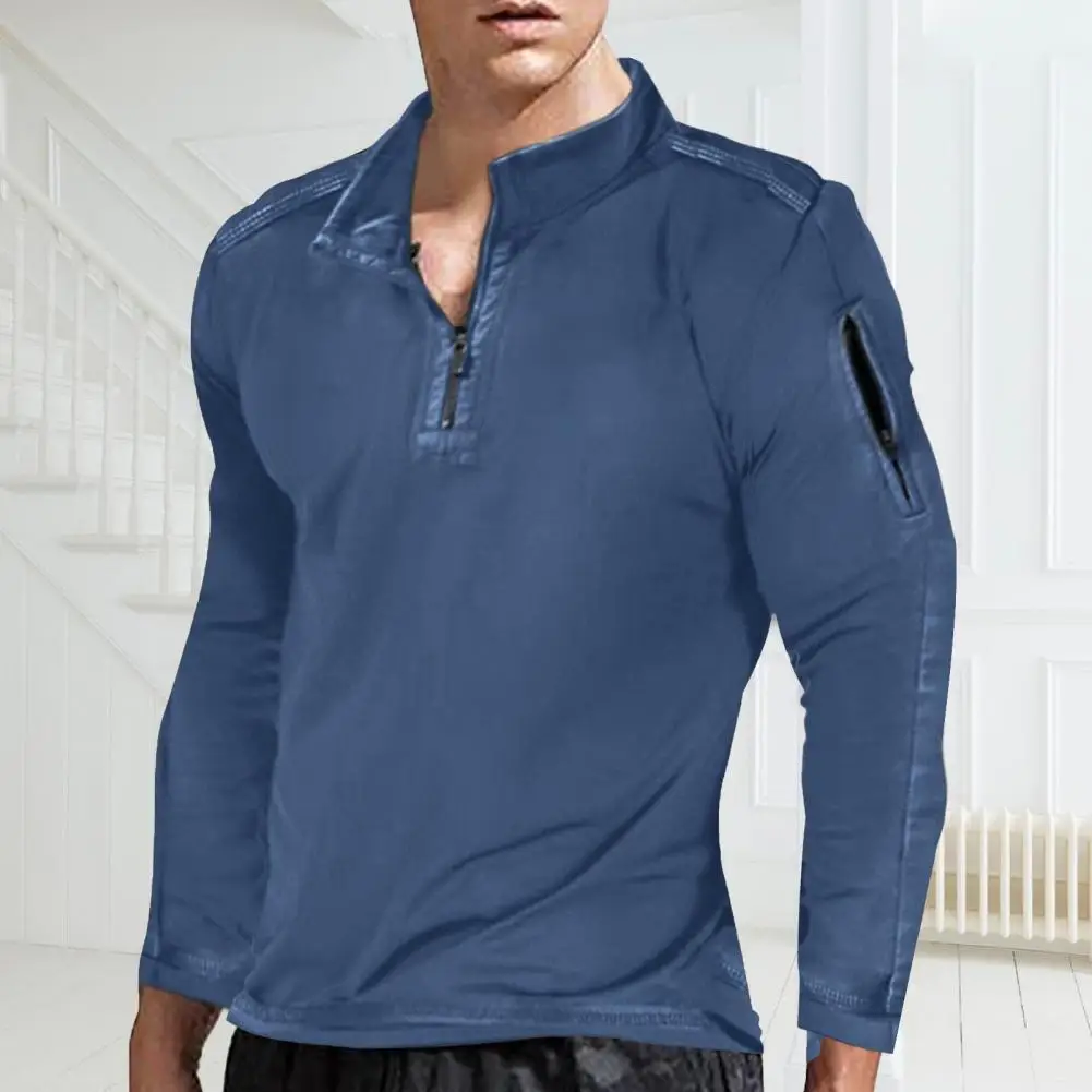 Men Spring Fall Shirt Zippered Turn-down Collar Loose Long Sleeves Mid Length Top Pure Color Pullover Sports Fitness Daily Wear