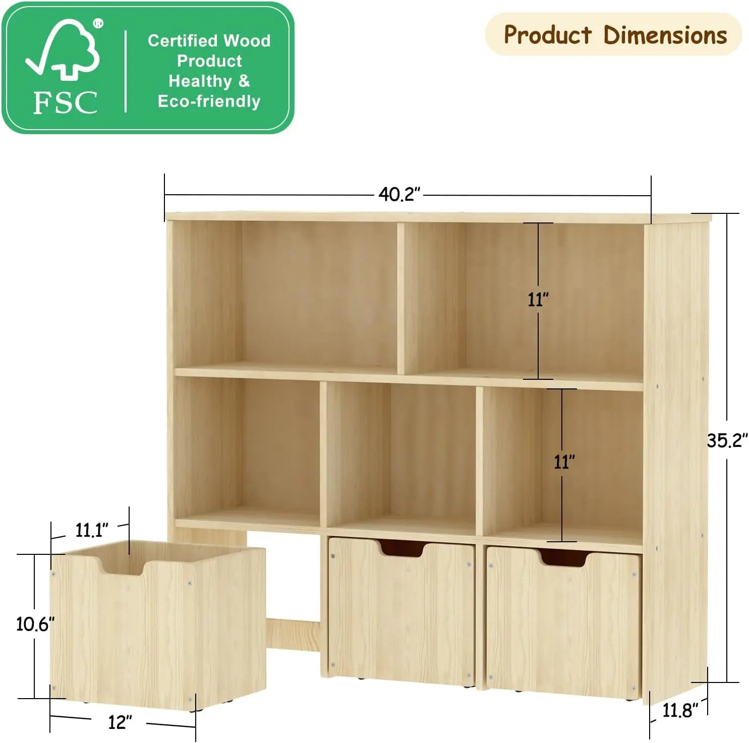 Toy Storage Organizer with 5 Storage Cubes and 3 Rolling Drawers – Solid Pine Wood Kids Bookshelf & Montessori Playroom Cabinet, Burlywood