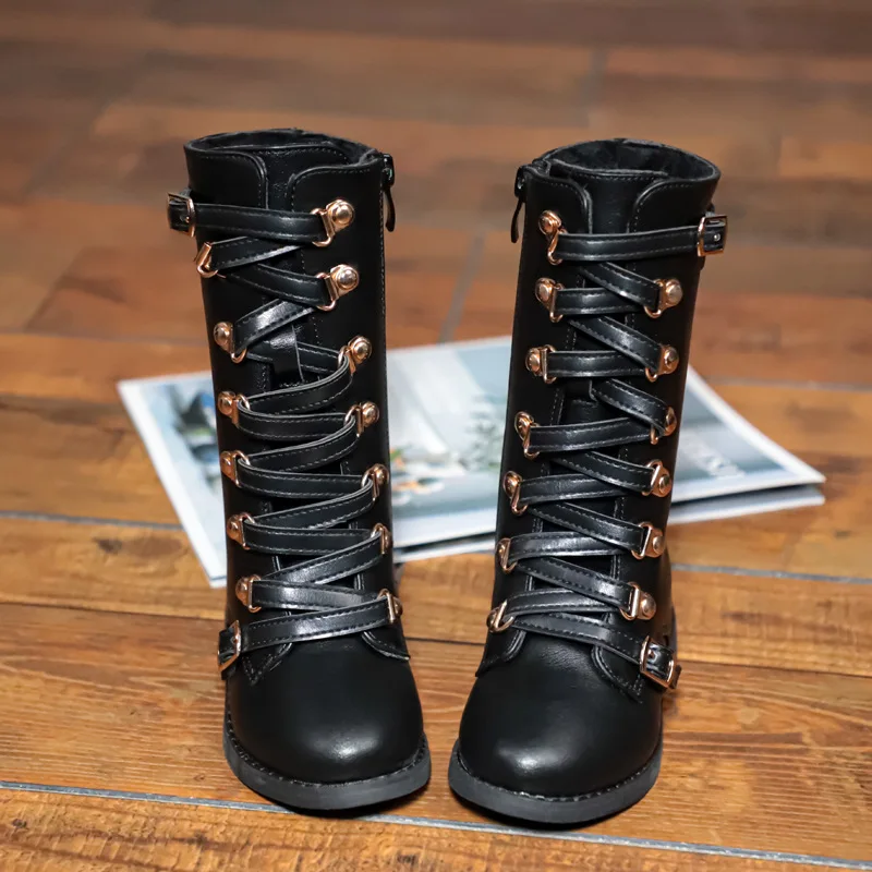 Hot Children Girls Knight Boots Cross Black All-match Temperament Catwalk Boots Classic Unique Kids Fashion Versatile Non-slip