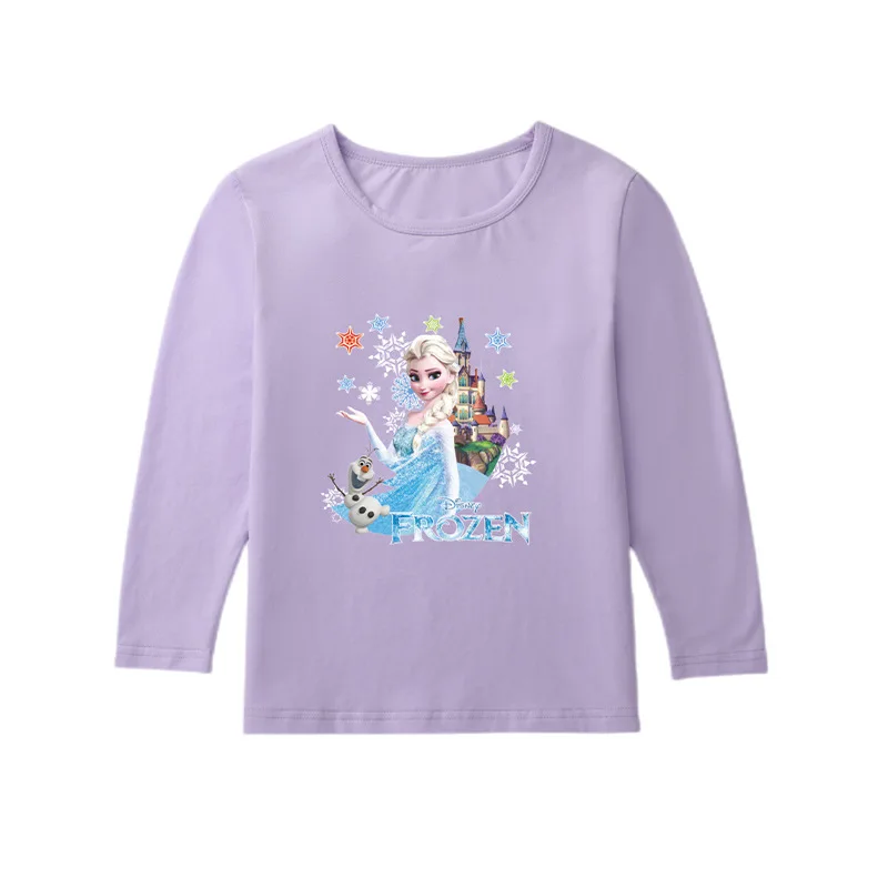 Spring and Autumn Cartoon Children's Clothing Ice and Snow Princess Elsa Girls' Round Neck T-Shirt Thin Girl Long Sleeve T-Shirt