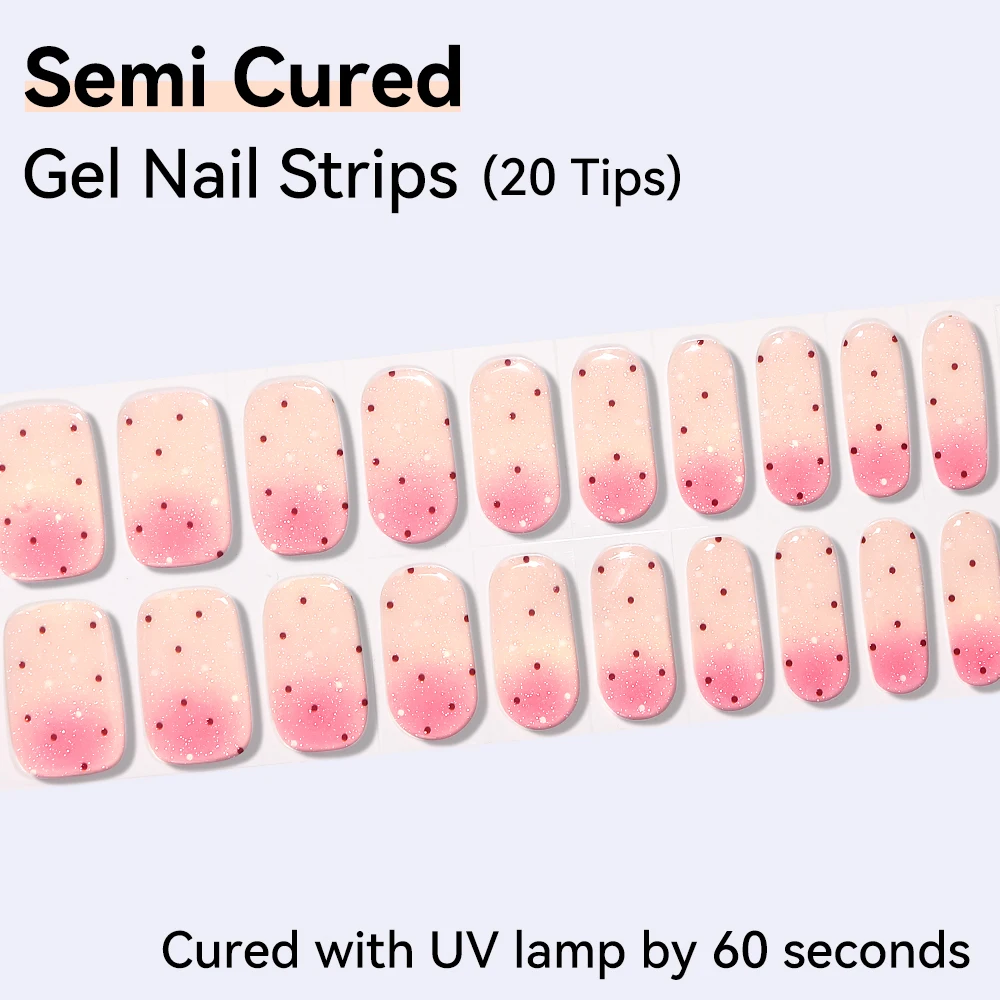 20Tips Pink Gradient Blusher French Butterfly Green Glitter Semi Cured Gel Nail Strips Sticker Full Cover UV/LED Lamp Nail Decal