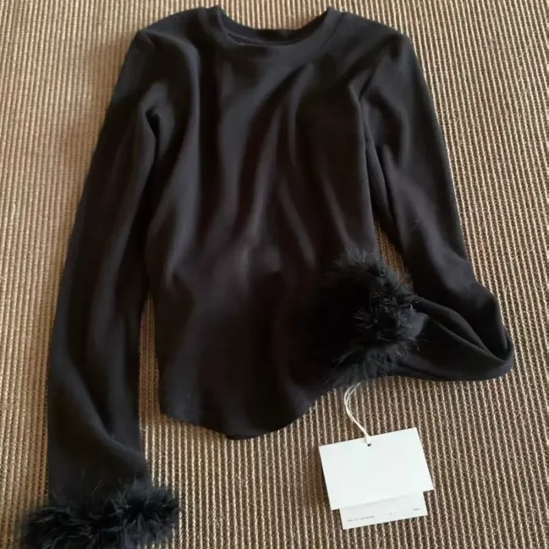 

Женская черная трикотажная блузка с длинными рукавами и манжетами с перьями для вечерней повседневной одежды