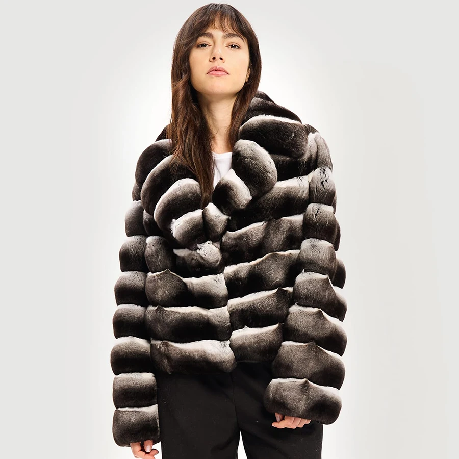 Abrigo de piel de conejo Chinchilla Rex para mujer, Chaqueta corta con solapa, moda de invierno, 2024