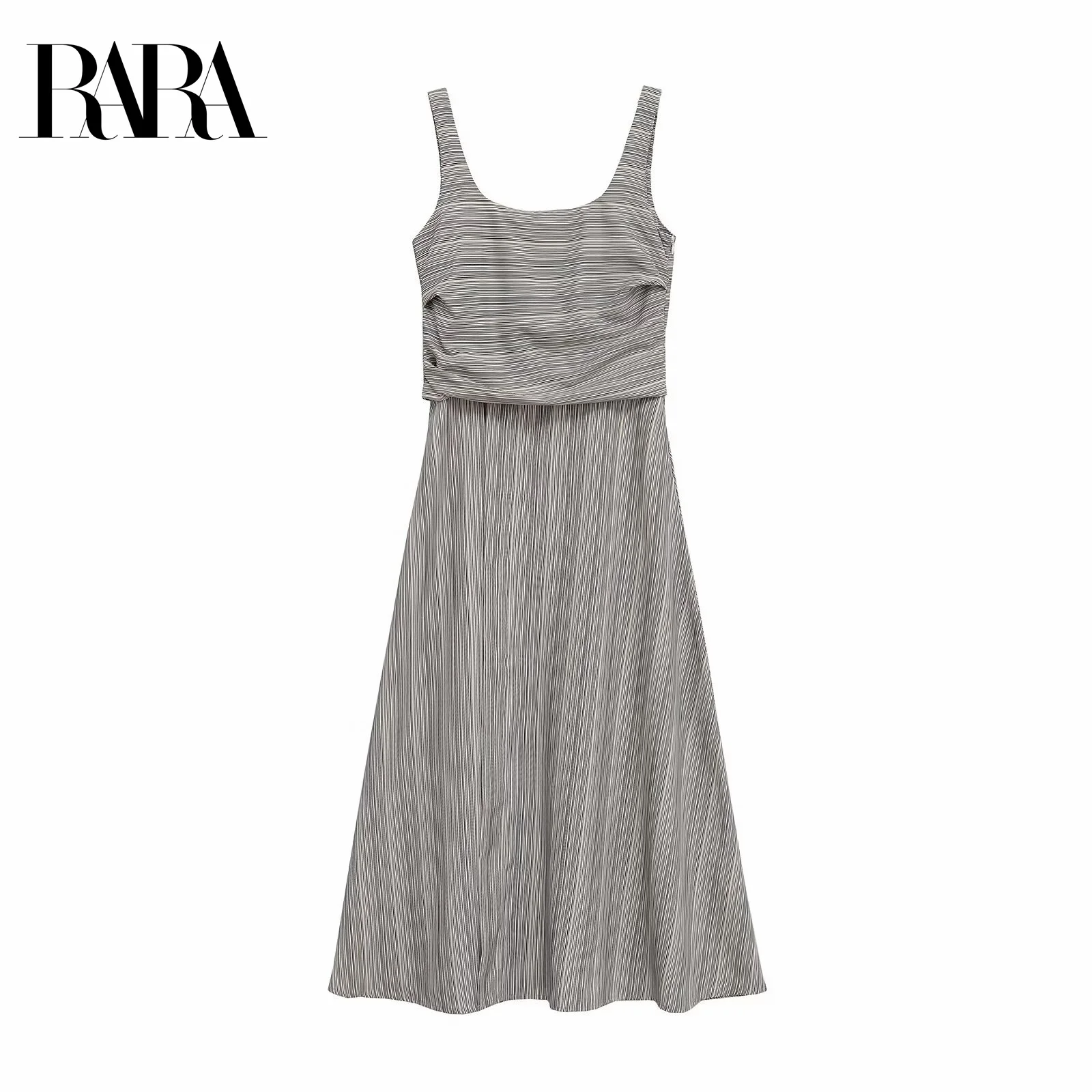 

RARA2025 New Summer Women's Casual Fashion Simple Versatile Striped Medium-length Square Neck Vest Dress