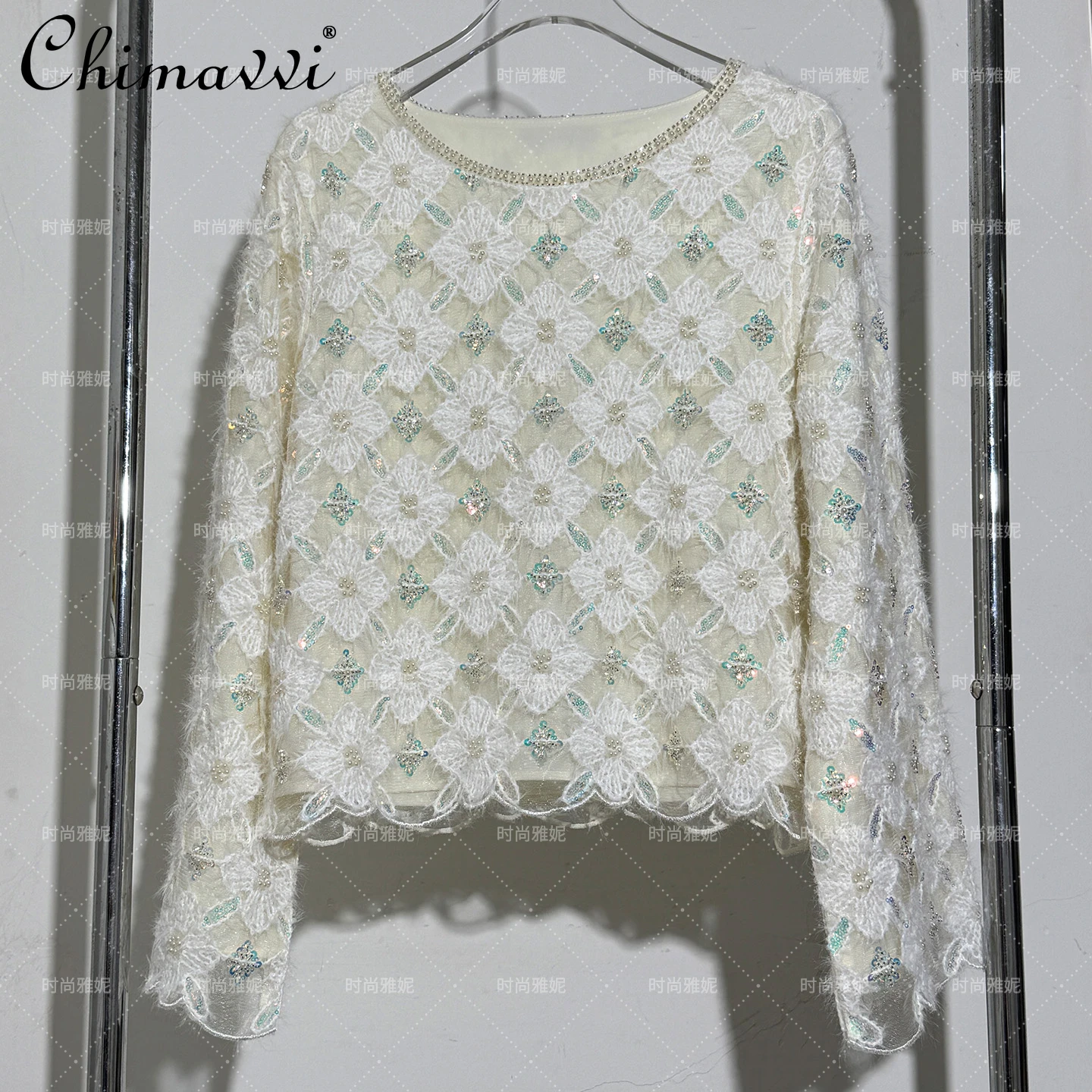 Moda nova manga longa topo floral pesado bordado palco lantejoulas pérola miçangas saia de comprimento médio feminino festa de outono 2 peças conjunto