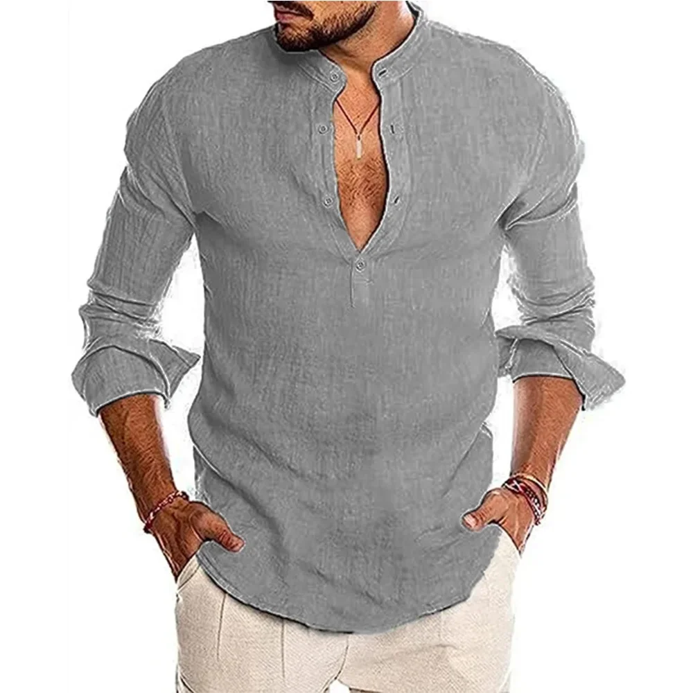 

Men's Spring Shirts Solid Color Casual Henry Neck Long Sleeve Outdoor Simple Male Blouse Thin Button Tops