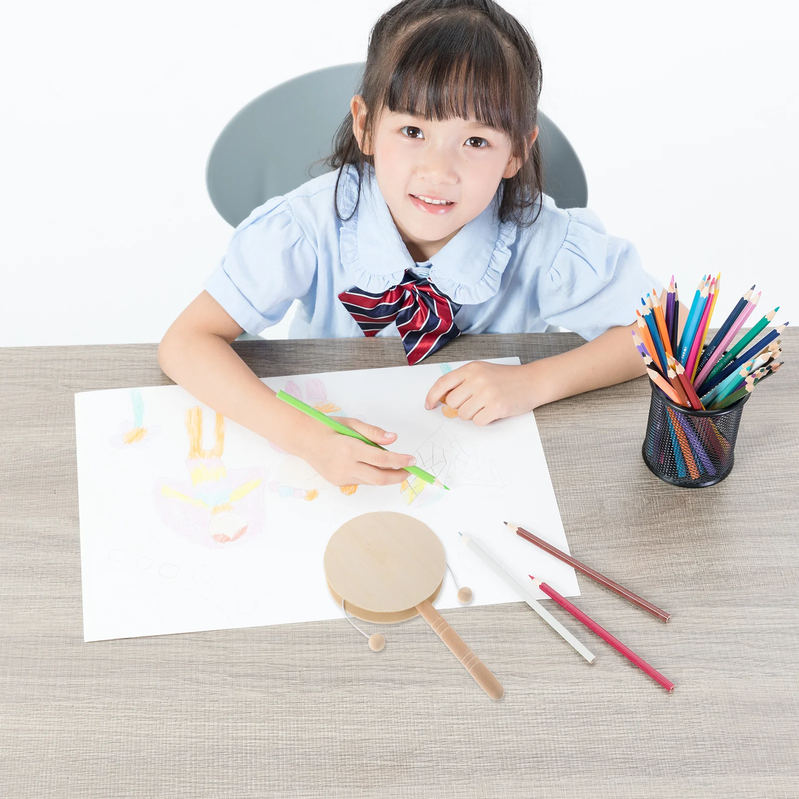 

6Pcs Unpainted Wood Rattle Drum DIY Craft Kids Percussion Instrument Parent Child Bonding Handmade Painting 17cmx9.4cm