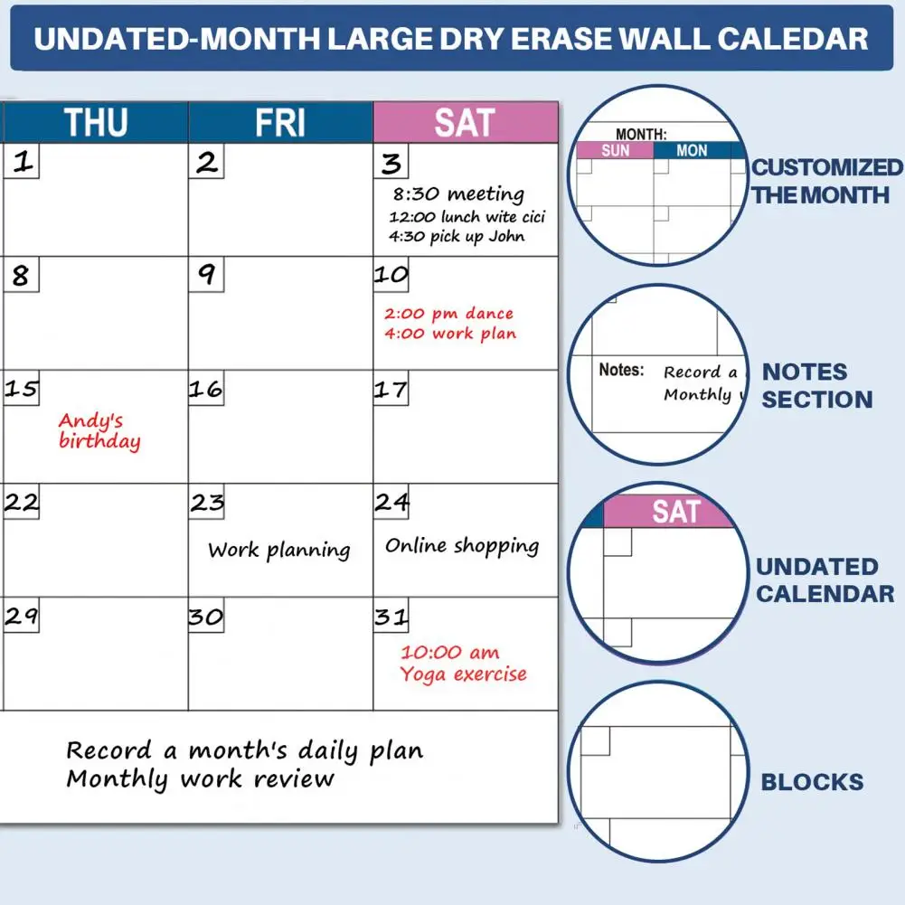 Reusable Whiteboard Calendar Color-coded Calendar Reusable Extra Matte Whiteboard Wall Calendar for Year-round Planning for Home