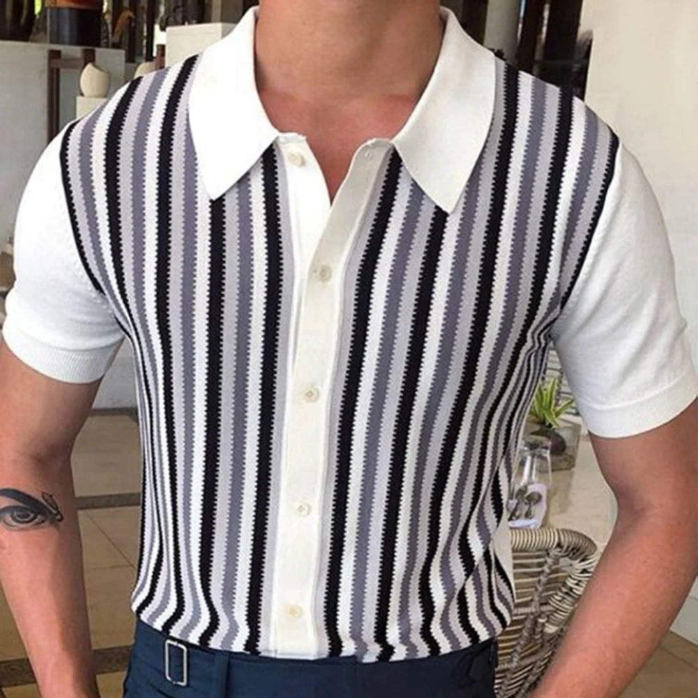 Mens Retro Polo Shirt Luxury Black And White Stripe Pattern Short Sleeve Knitted Golf Wear 2024 Spring And Summer New Style