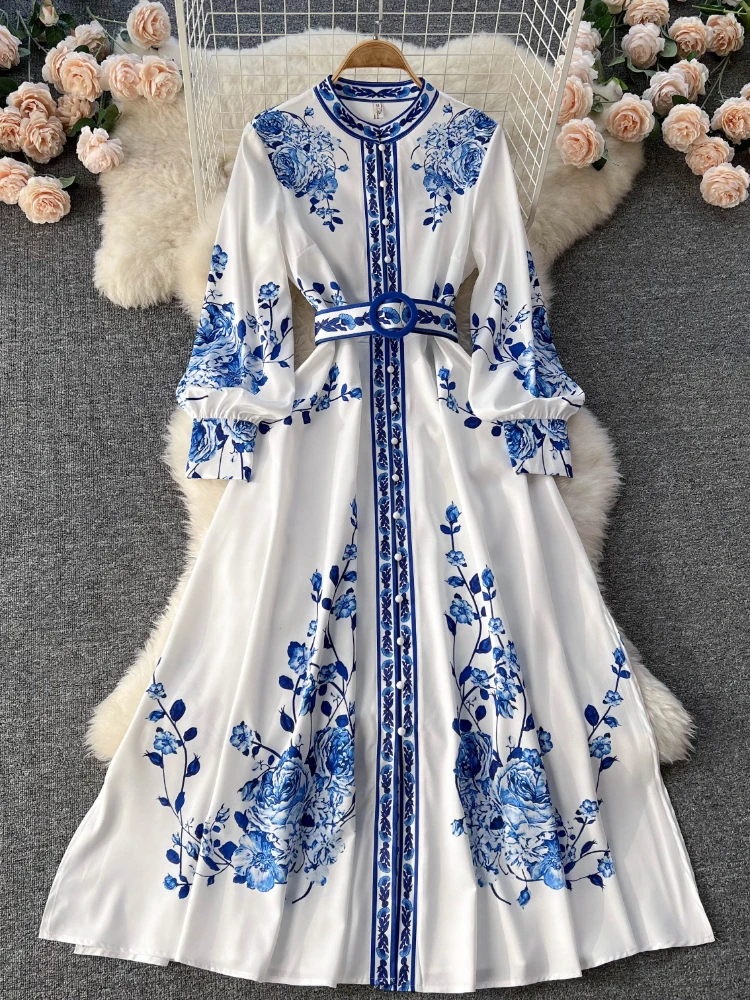 Vestido camisero de manga larga para mujer, traje elegante con estampado azul, Vintage, para fiesta, primavera y otoño