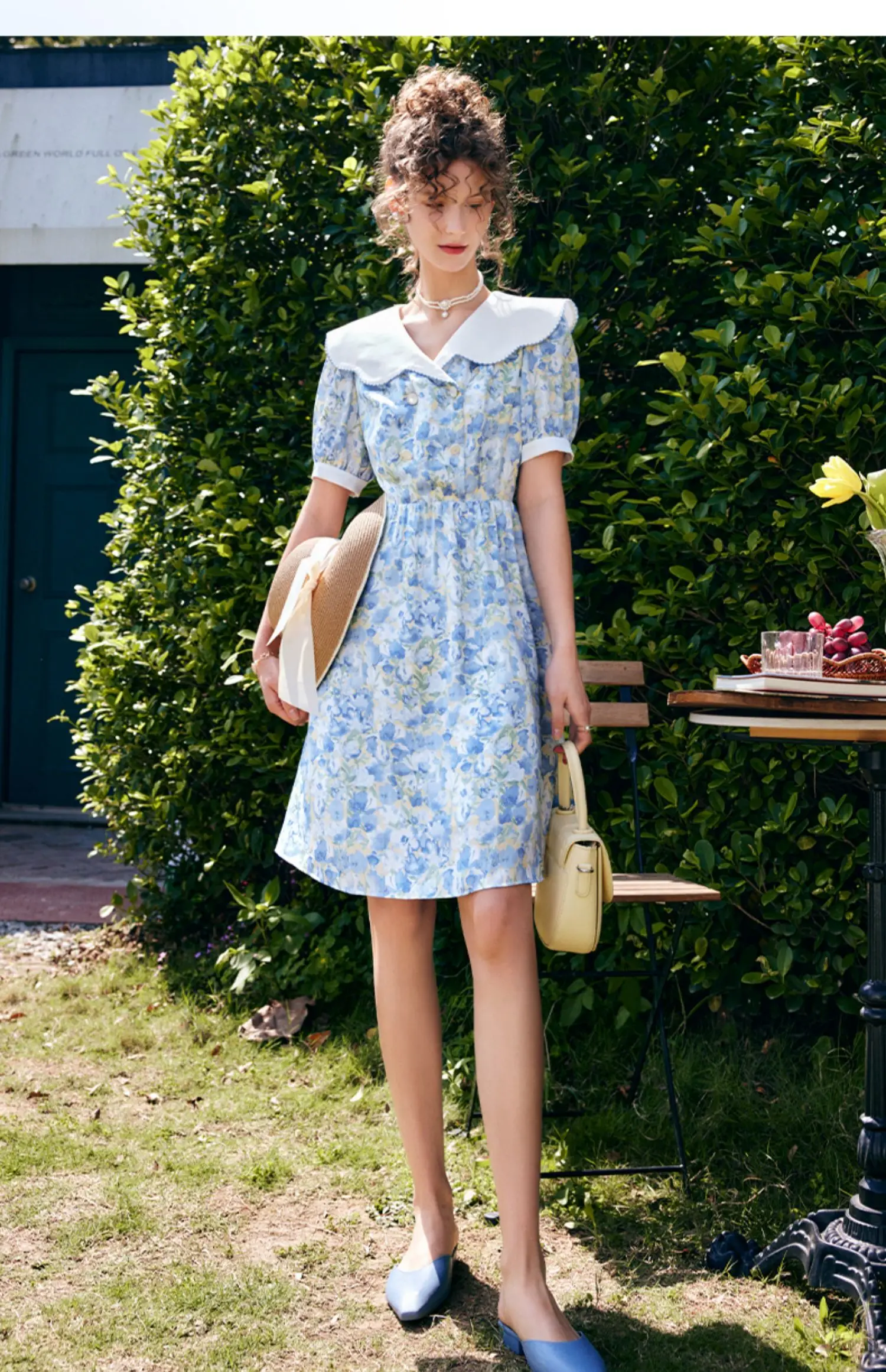 

OLrain Women Floral Dresses 2025 Summer Doll Collar Puff Sleeve Double Button Holiday Casual Elegant Ladies Dresses O22XL61233