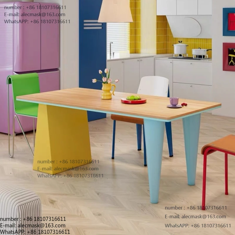 

Internet celebrity multi-color solid wood dining eating table dopamine rectangular table designer conference trainin