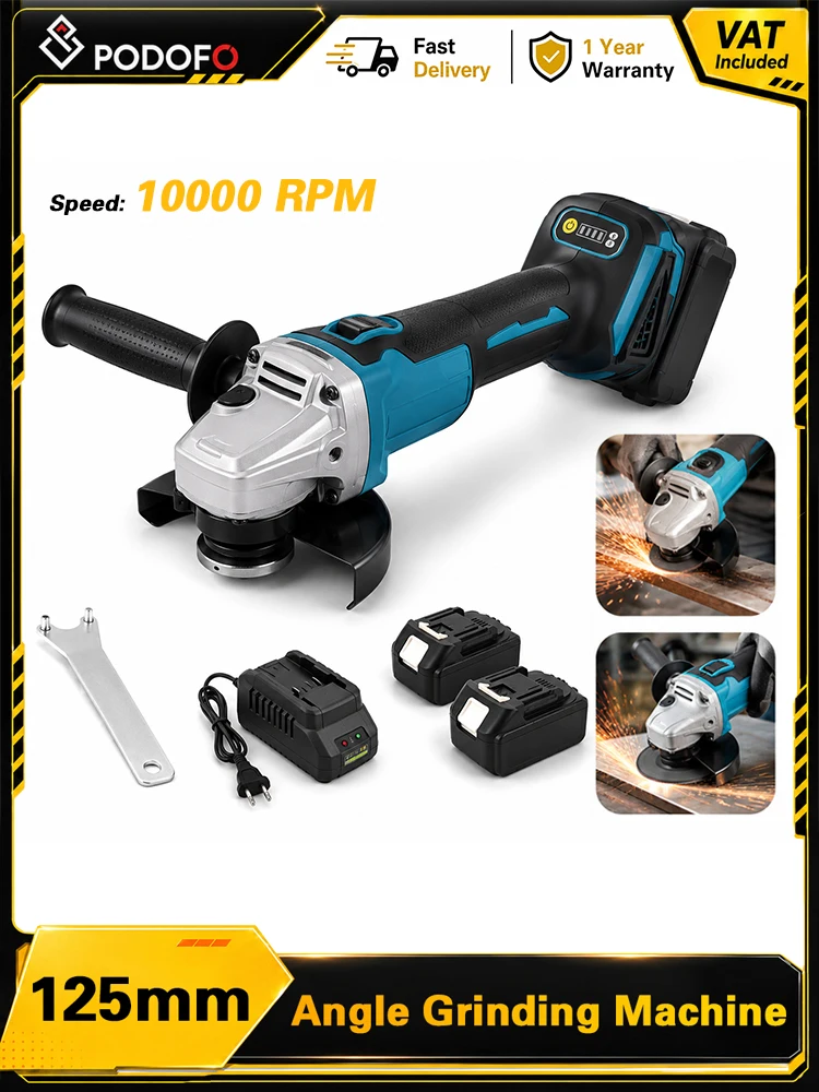 Podofo 125 mm M14 Bürstenloser elektrischer Winkelschleifer, Winkelschleifer, Elektrowerkzeug, kabelloser Schleifpolierer, 2 einstellbare Gänge, 10000 U/min, Überlastschutz, Schneiden, Polieren,