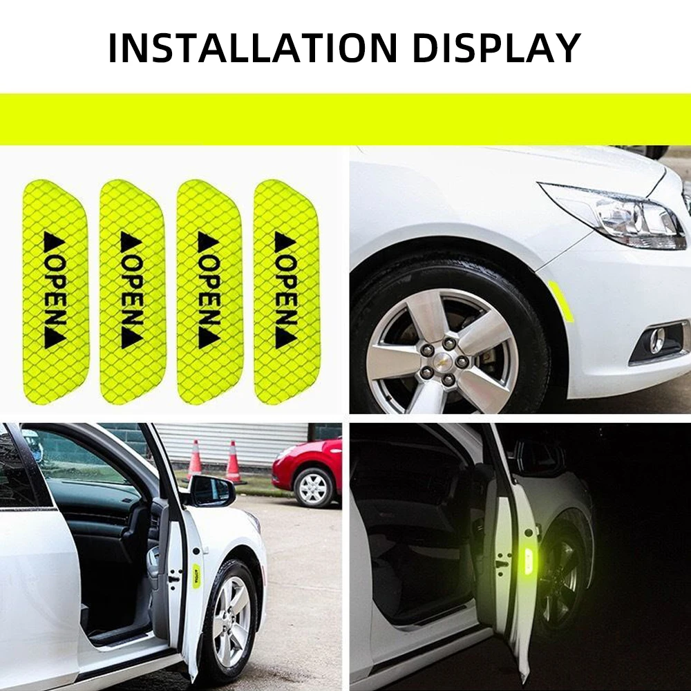 4PCS Car Door Open Reflective Stickers Night Warning Mark Tape Auto Vehicle Luminous Decals Safety Sticker DIY Install Adhesive