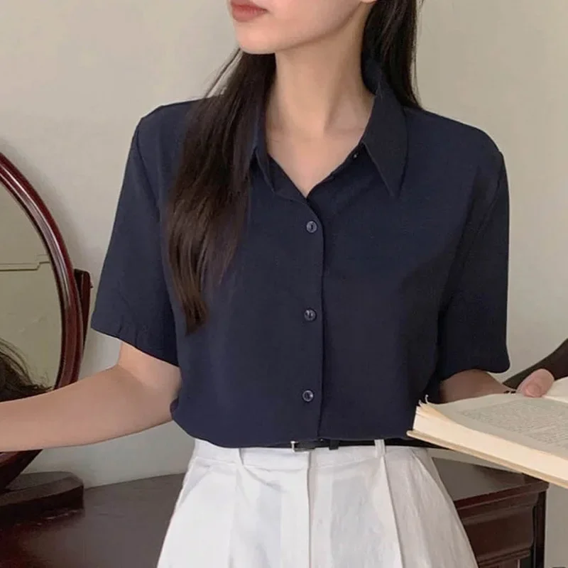 Retro Hong Kong Style Chiffon Shirt Women's Summer New Loose Simple Short Sleeve Blouse Versatile Basic Fit For Daily Wear