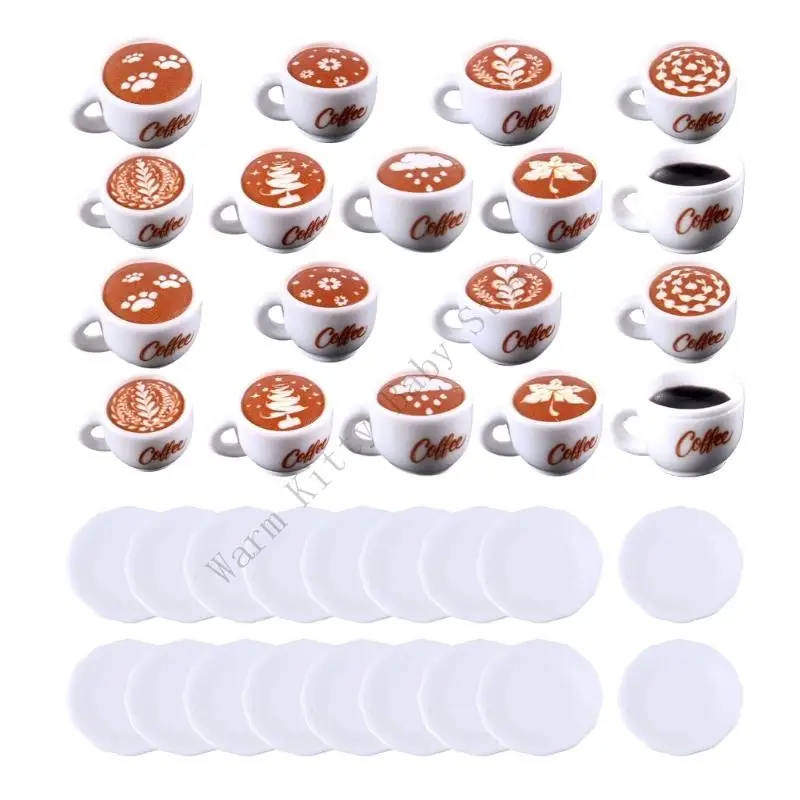 

1 Set Dollhouse Coffee Shop Scene Accessories Miniature White Latte Art Coffee Cups with Plates For Dollhouse Kitchen Tableware