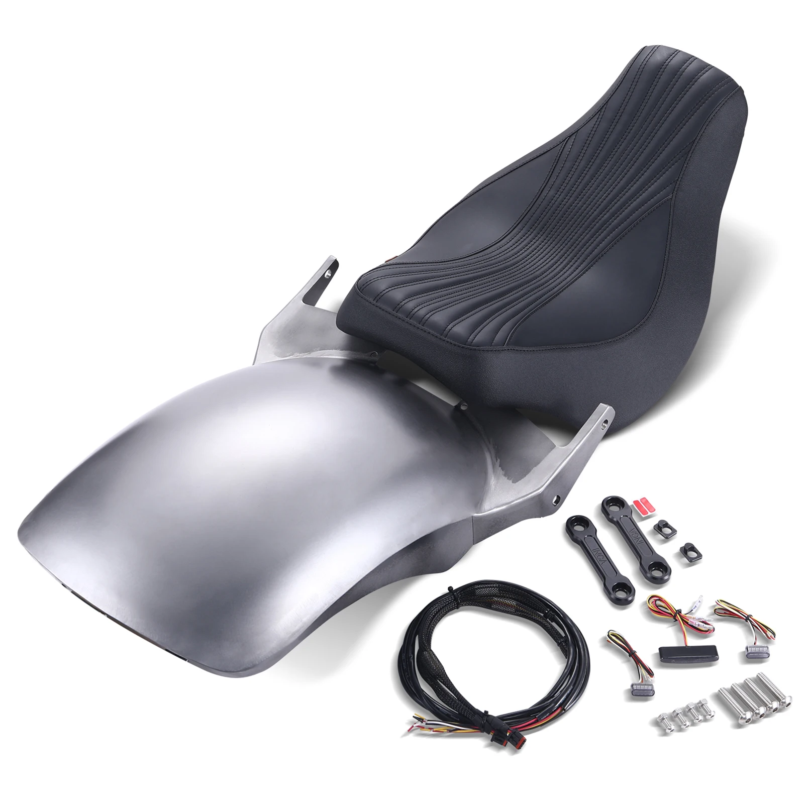 

Короткое заднее крыло из легированной стали со светодиодными фонарями и сиденьем Solo для Harley Softail 2018-2024 Low Rider Fatbob Heritage