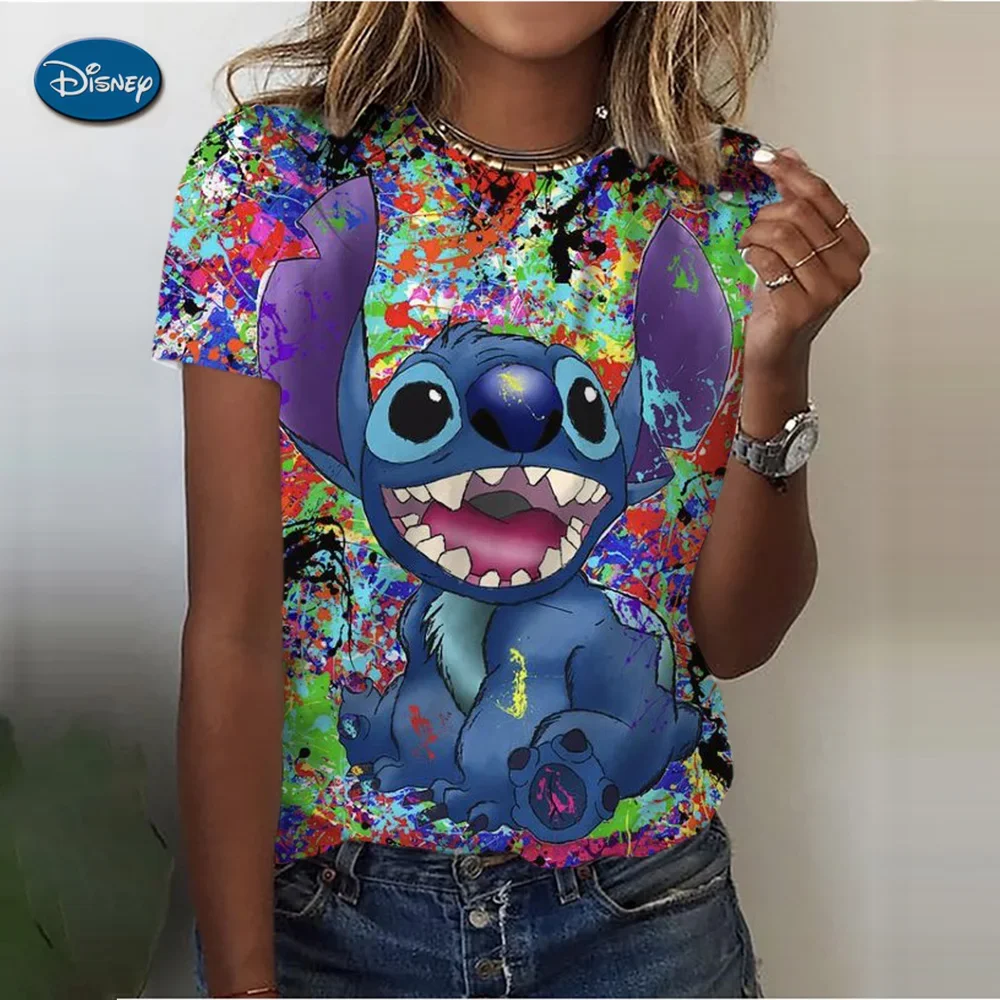 

2024 Summer Women T Shirts O-neck Disney Stitch Mouse Short Sleeve Tops Club Bar Sexy Top Fashion Streetwear Women T-shirt