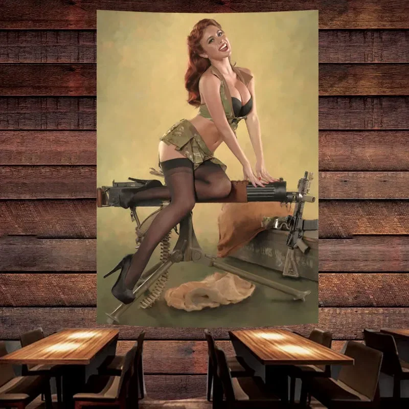 Sexy girl with heavy machine gun Poster Banner Seductive Pin Up Art Flag Wall Painting Bar Cafe Pub Man Cave Wall Decor Sticker