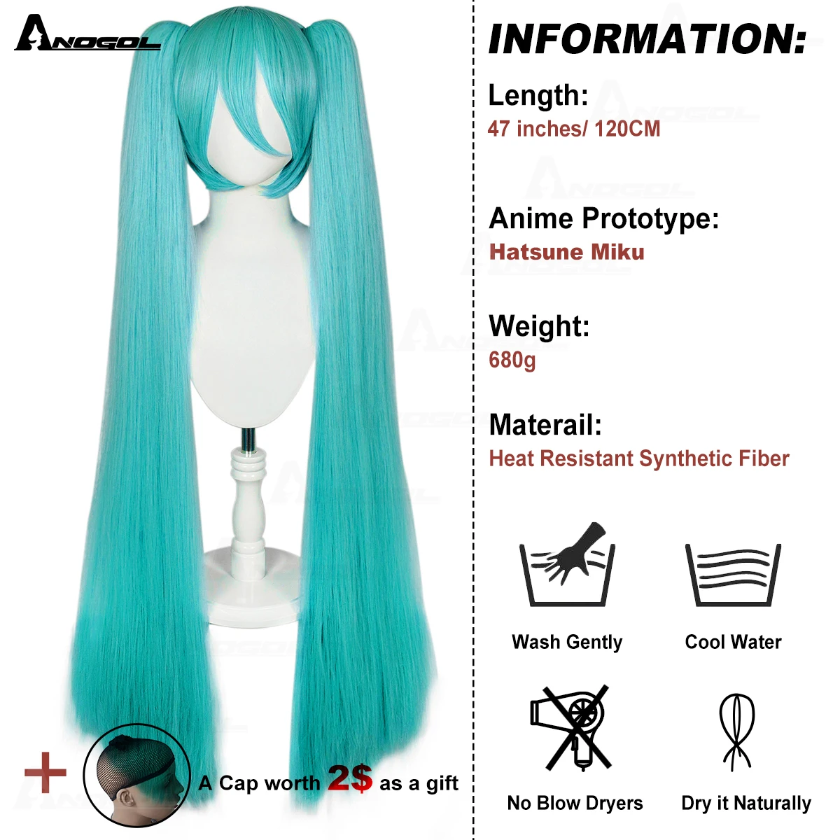 AN Synthetic 47Inch MIKU Cosplay Colored Wig Snow Miku Long Light Blue Gradient White Orange Green Clip on Double Ponytails Wigs