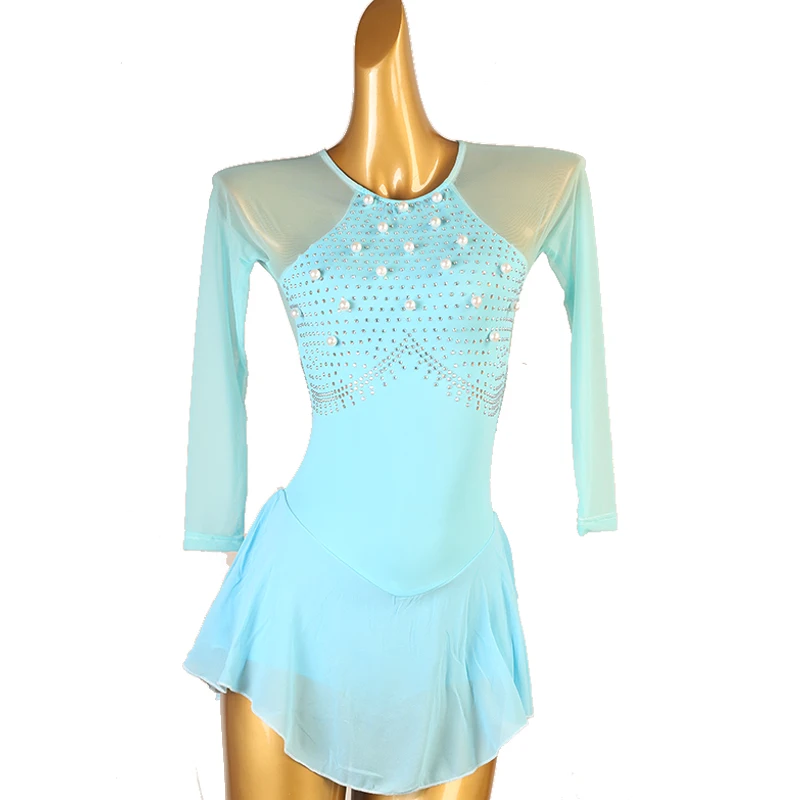 

Kids Girls Figure Skating Dance Dress Light Blue Rhinestone Mesh Ballet Gymnastics Leotard Dresses Competition DancewearTXH-B212