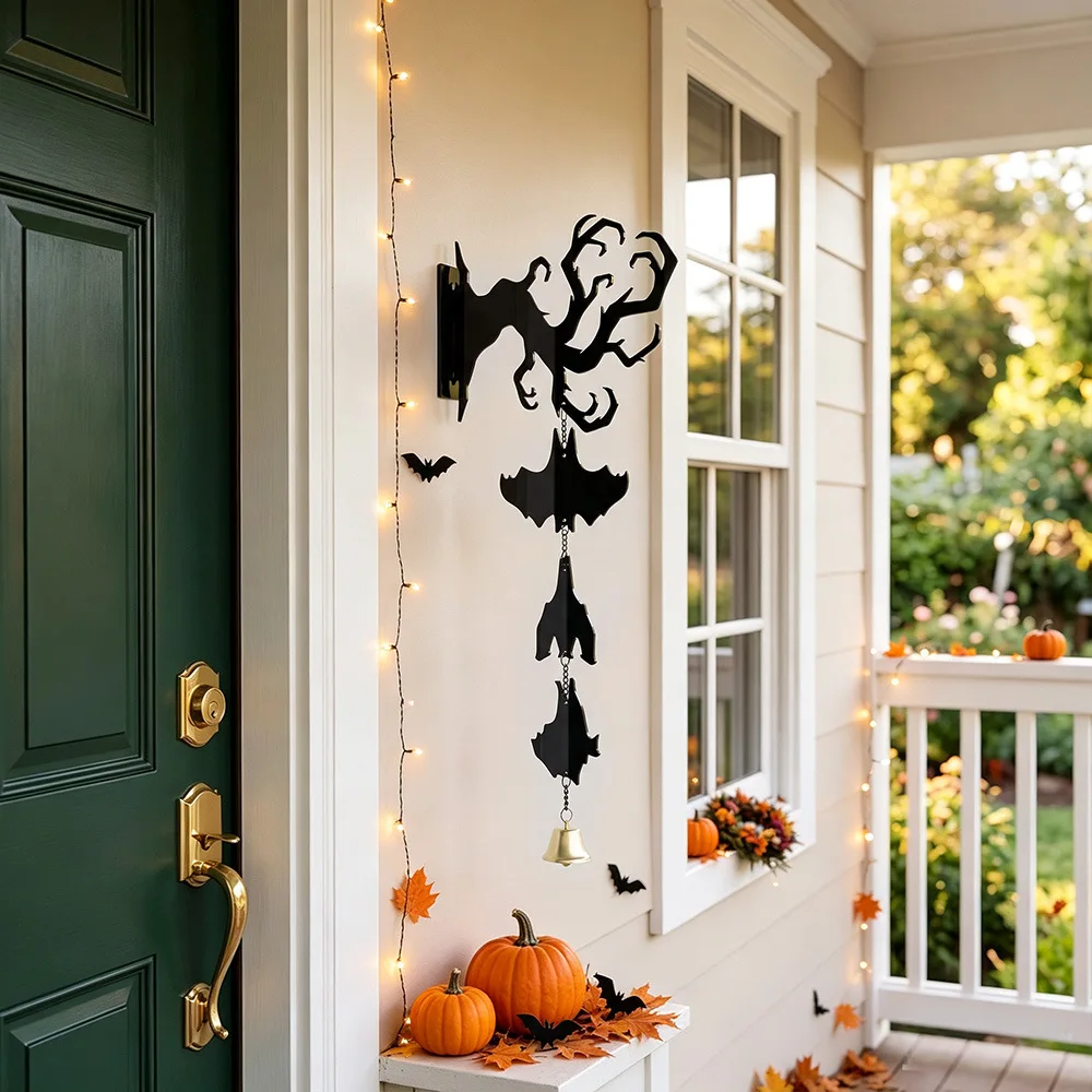 Halloween Dead Tree Bat Wind Chime Hanging Decoration, Matte Black Metal Upside-Down Branch with Bell Pendant, Halloween Atmosphere Decoration for Entryway, Hallway, Courtyard, and Wall