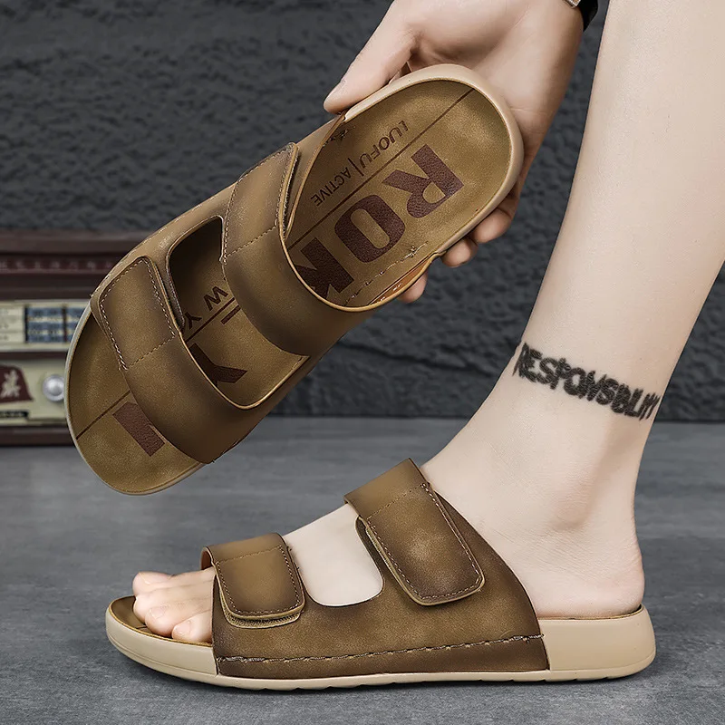 Men‘s Summer Retro Half Slippers Classic Leather Slides Slip-On Anti-Slip Comfort Thick Sole Outdoor Beach Sandals Plus Size - view 4