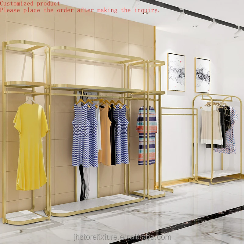 

Hot Selling Luxurious Shiny Gold Stainless Steel 1.2mm Thickness Clothes Display Whole Set for Store
