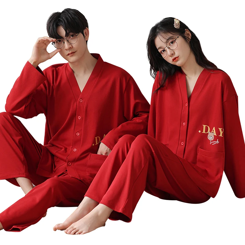 Casal Conjunto de pijama manga comprida, pijamas simples, loungewear lazer, 100% algodão, primavera, outono