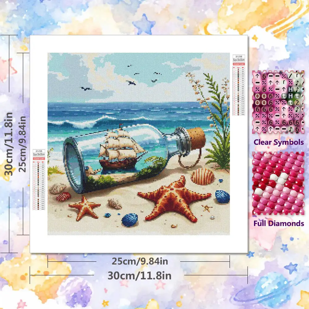 Huacan 5D Diamond Painting Seaside Bottle Full Round Square Drill Mosaic Landscape DIY Embroidery Starfish Boat Home Decoration