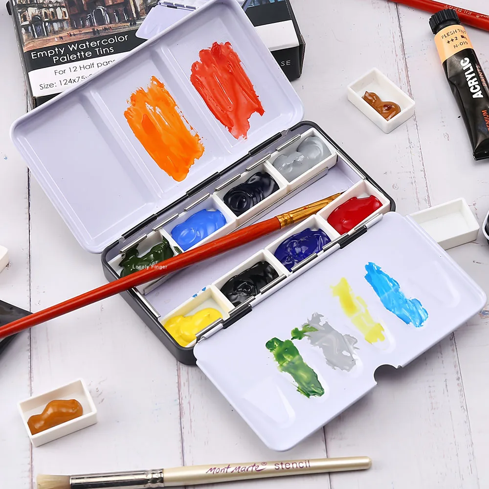 Empty Watercolor Palette Paint Tray with 14 Half Pans - Sturdy Empty Watercolor Palette Tin - Travel Watercolor Palette with Lid