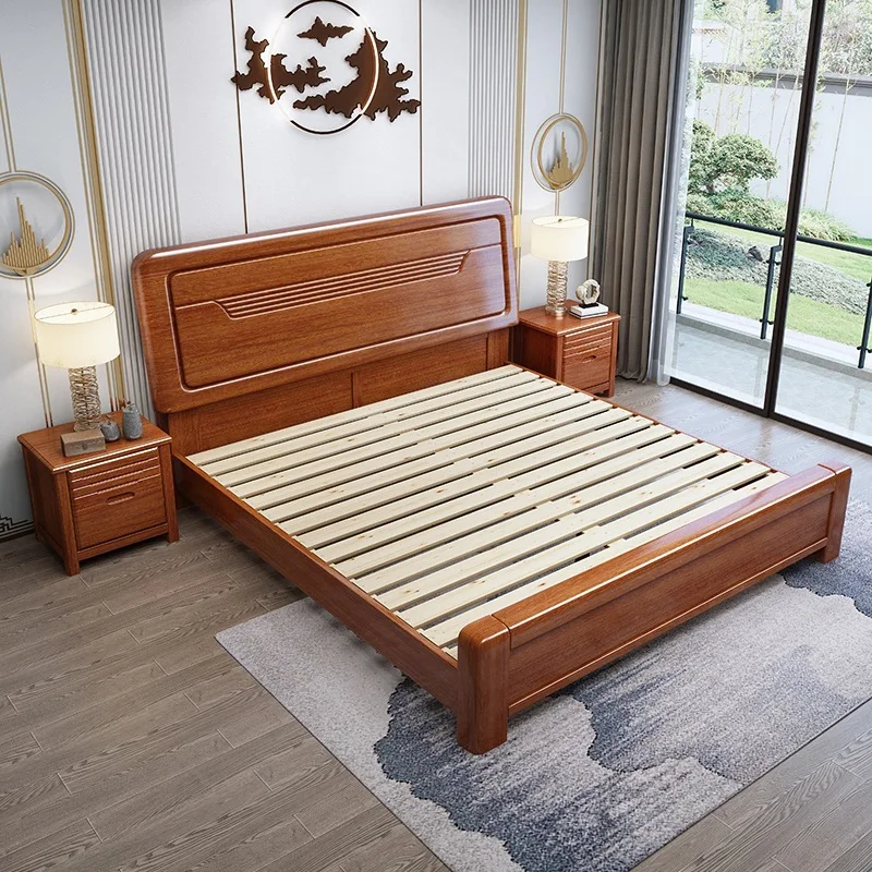 Tempat tidur kayu Modern untuk perabotan kamar tidur desain minimalis kayu jati Solid tempat tidur ukuran King dengan papan kepala rotan tempat tidur kayu kuat