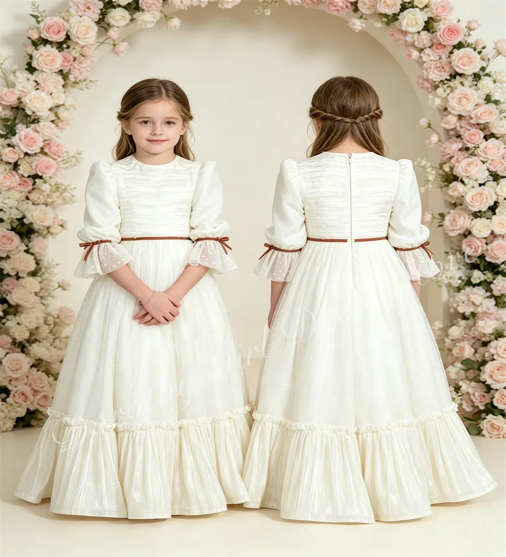 Exquisite Ivory Bridesmaid Wedding Girl Dress Half-sleeve for Pleated Birthday Party Formal Gowns Banquet