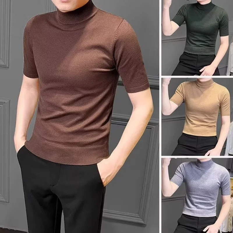 

Полуводолазка с коротким рукавом, вязаный свитер, мужская новая внутренняя одежда, мужской топ, летняя тонкая мужская базовая рубашка-рубашка