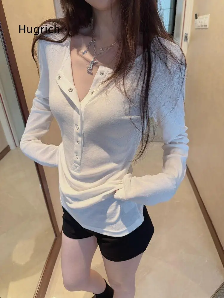 Ladies Soft Light Fabric Long Sleeve Blouse Henley V Neck Partial Button Accent Slim Cut Solid Color Versatile Inner Wear Top