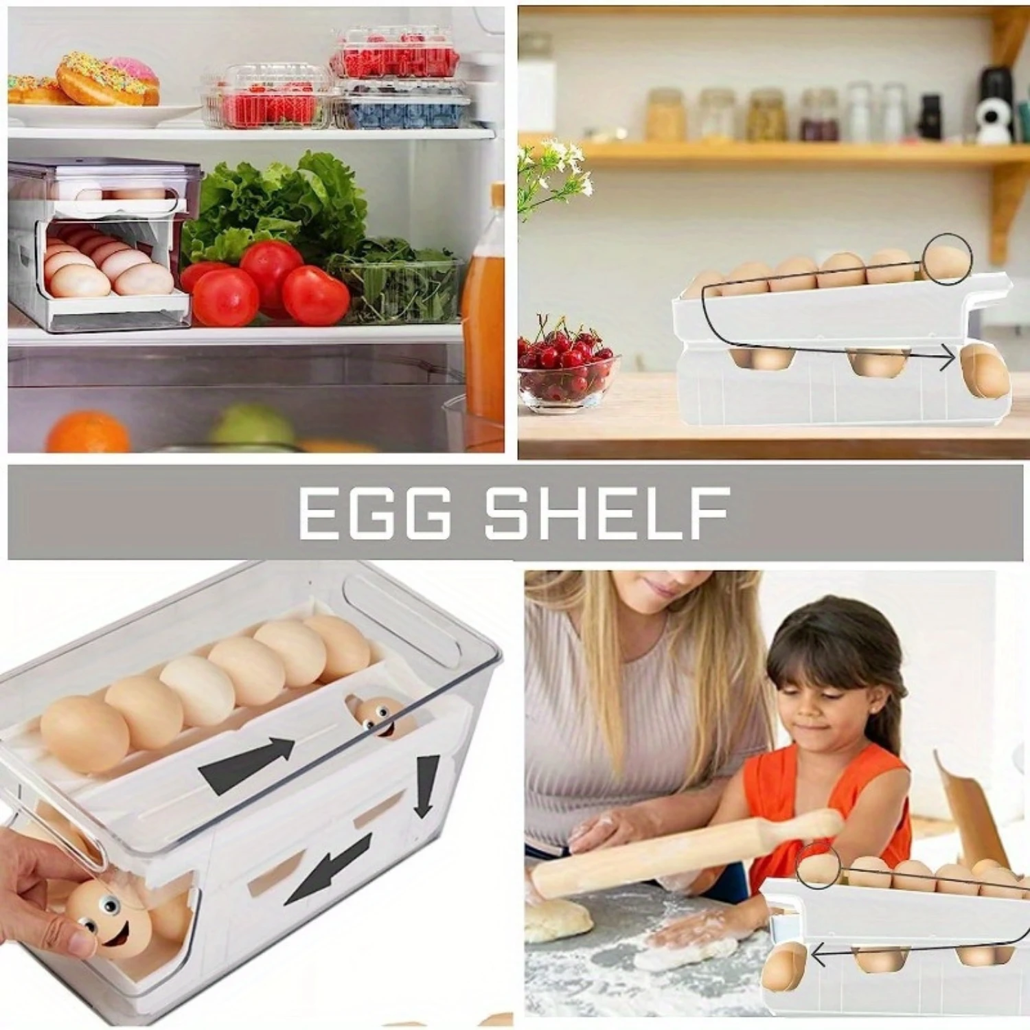 24-Count Egg  Container with Lid - Plastic Auto-Supplying Egg Shelf for Refrigerator, Handle Design, Deviled Egg Holder, Freshne