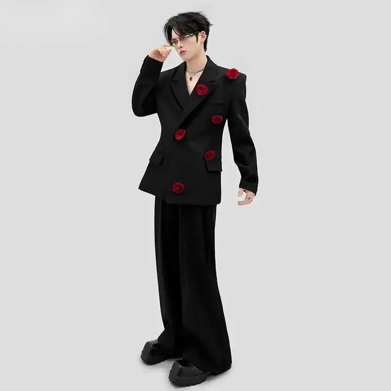 Fashion Men Suit Set Rose Stand-up Collar Floral Embellished Slim Waistline Blazer Stylish Handsome Trousers 4VR6