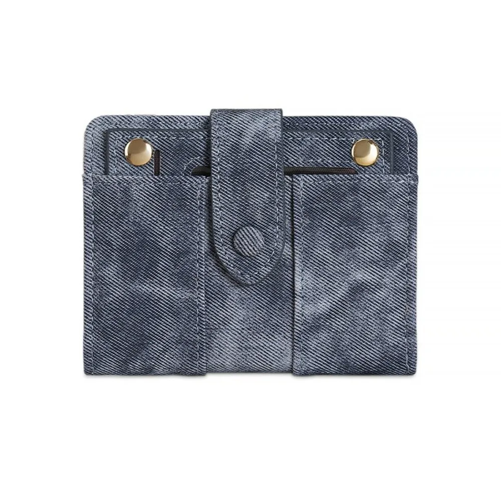 New PU Leather Bifold Wallet Snap Closure Zipper Pocket Short Purse Compact Size Denim Texture Coin Pocket Wallet Everyday Use